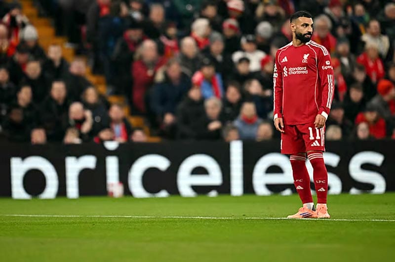 Mohamed Salah looking frustrated during a Liverpool match.