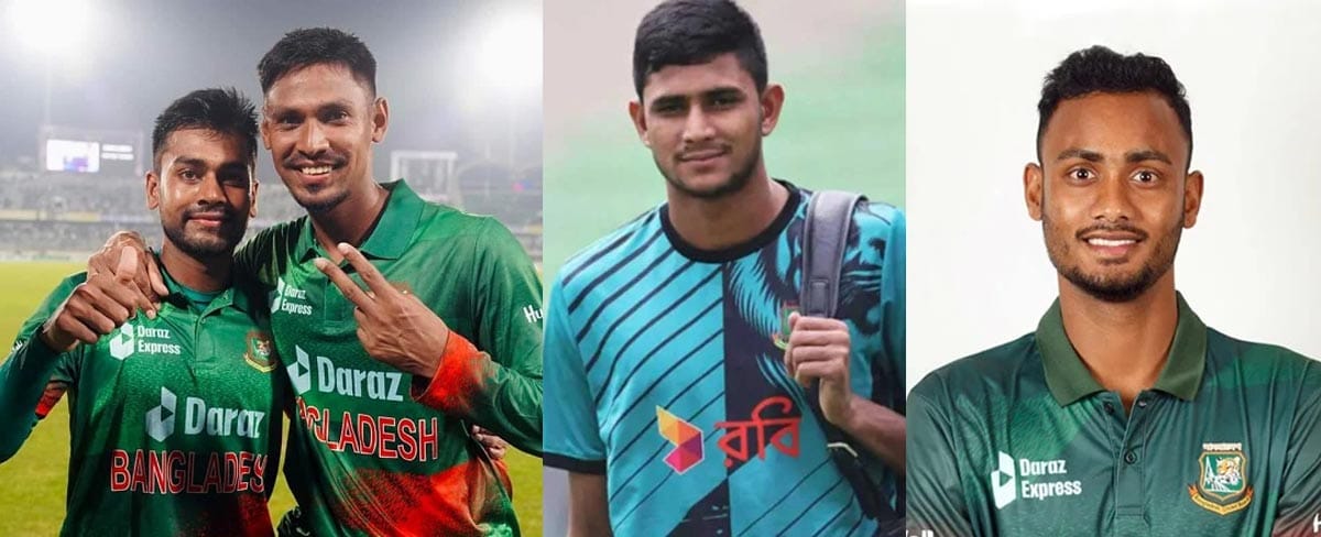 বাংলাদেশের মেহেদী হাসান মিরাজ, মোস্তাফিজুর রহমান, নাহিদ রানা ও শরীফুল ইসলাম।