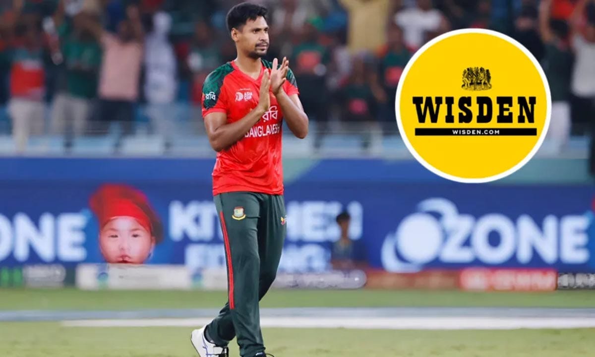উইজডেনের লোগো ও মোস্তাফিজুর রহমান।