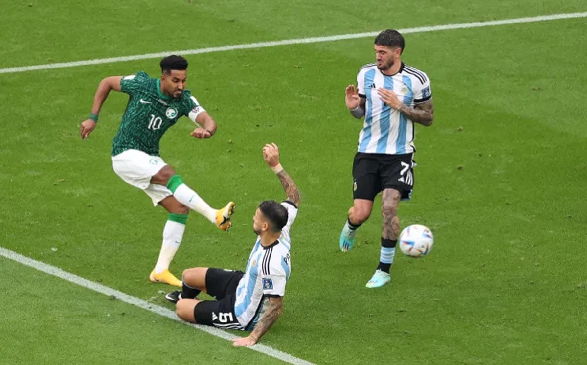 Salem al-Dawsari of Saudi Arabia scores the winning goal against Argentina in their FIFA World Cup Qatar 2022.