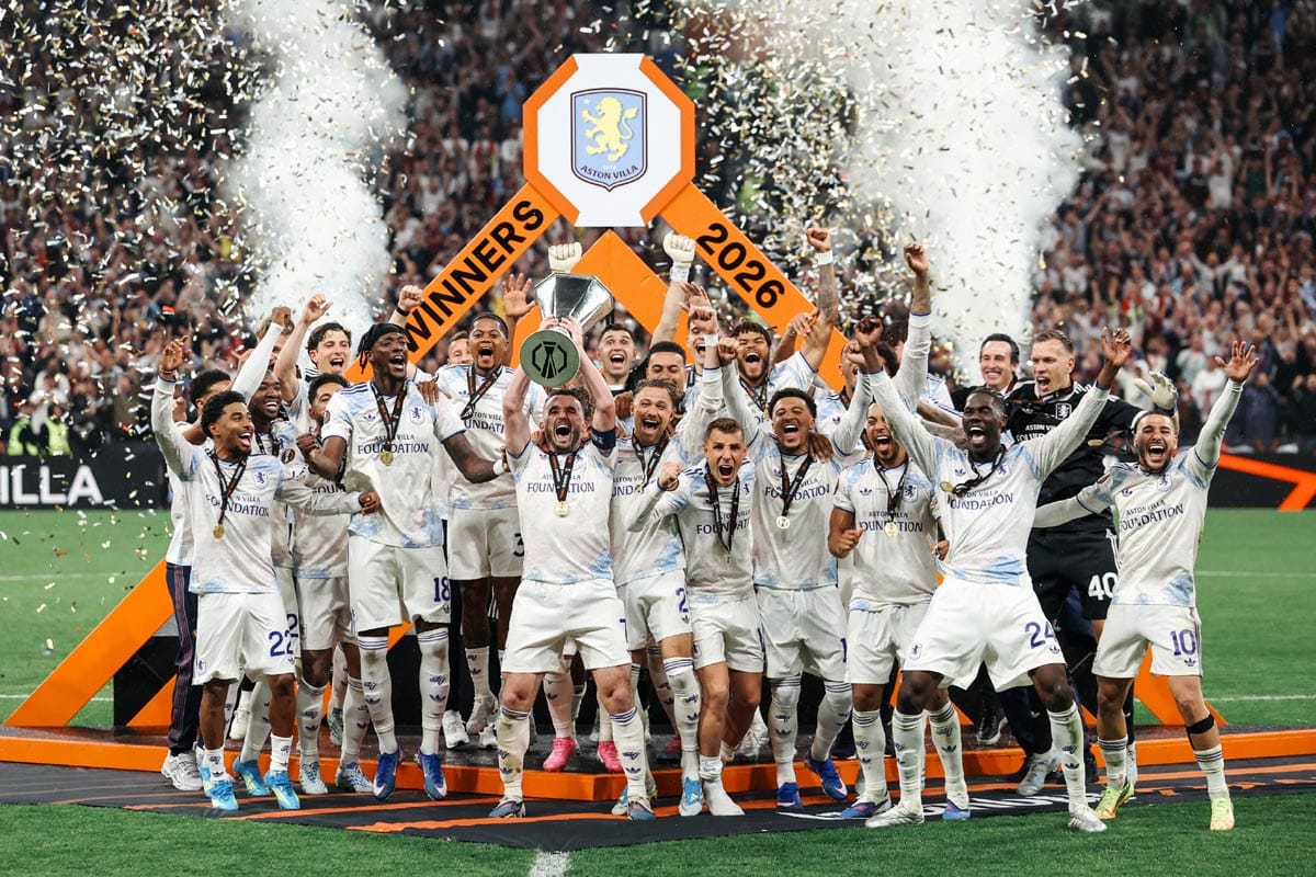 Aston Villa lifting the Europa League trophy in Istanbul.