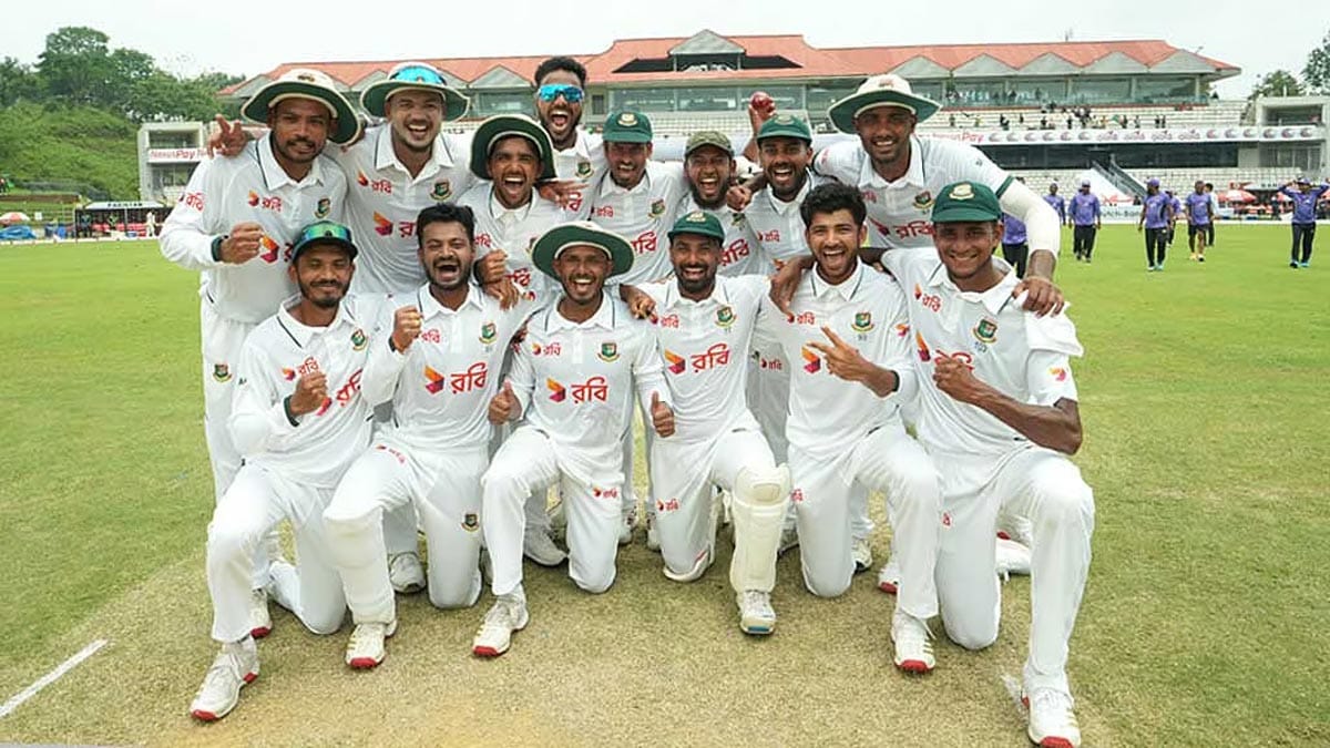 Bangladesh cricket team celebrating after defeating Pakistan.