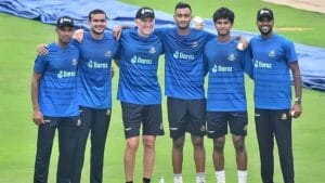 Bangladesh pace bowlers practice together in Mirpur stadium.