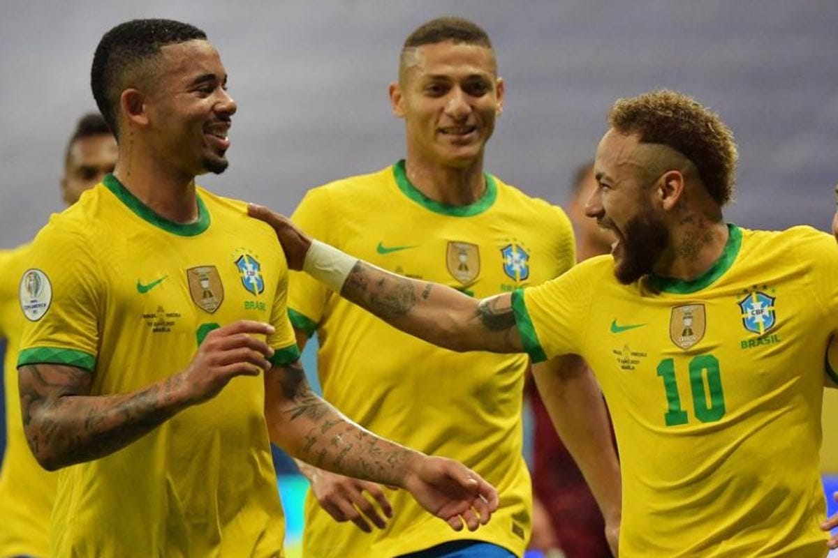 Neymar and teammates celebrating for Brazil.