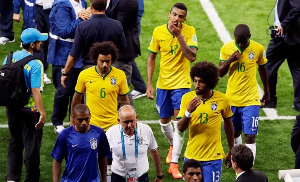 Brazil’s players leave the pitch after the 2014 World Cup semifinal thrashing at the hands of Germany.