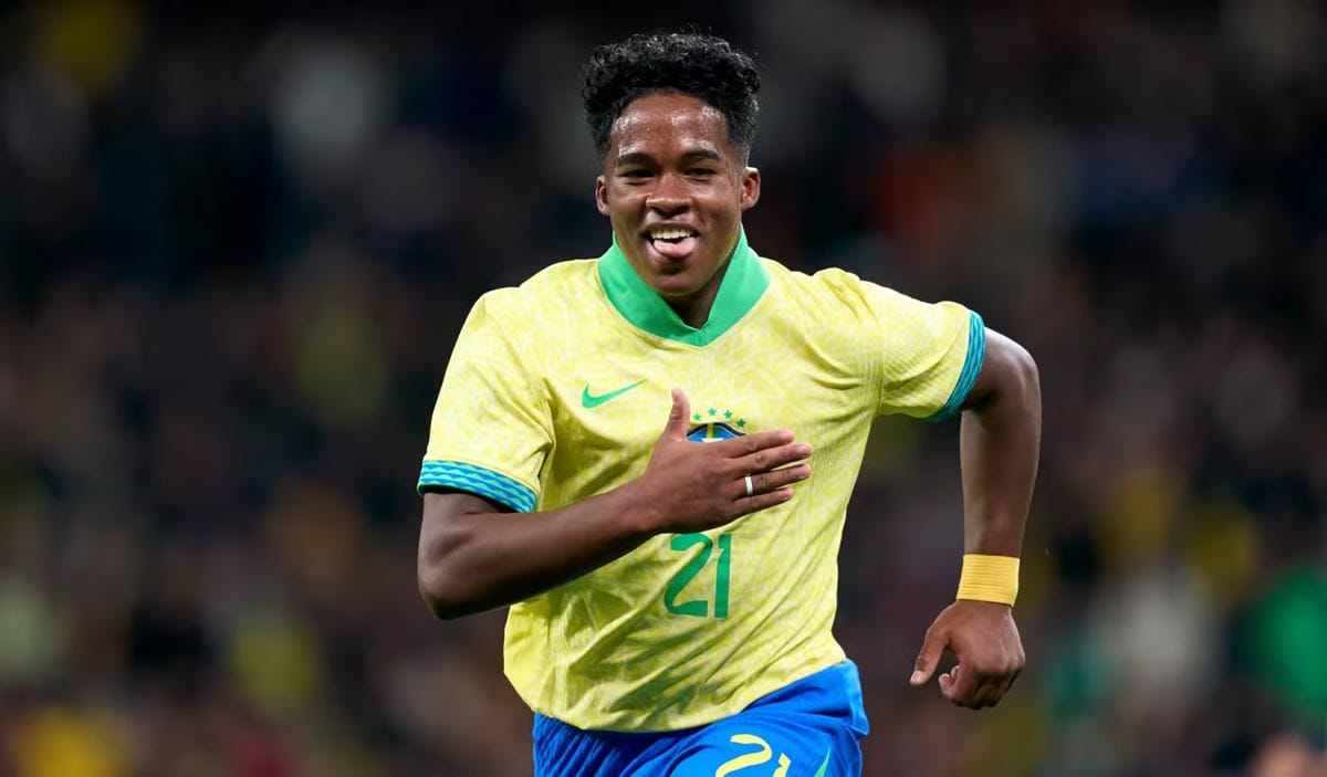 Brazil's teenage wonderkid Endrick celebrationg a goal.