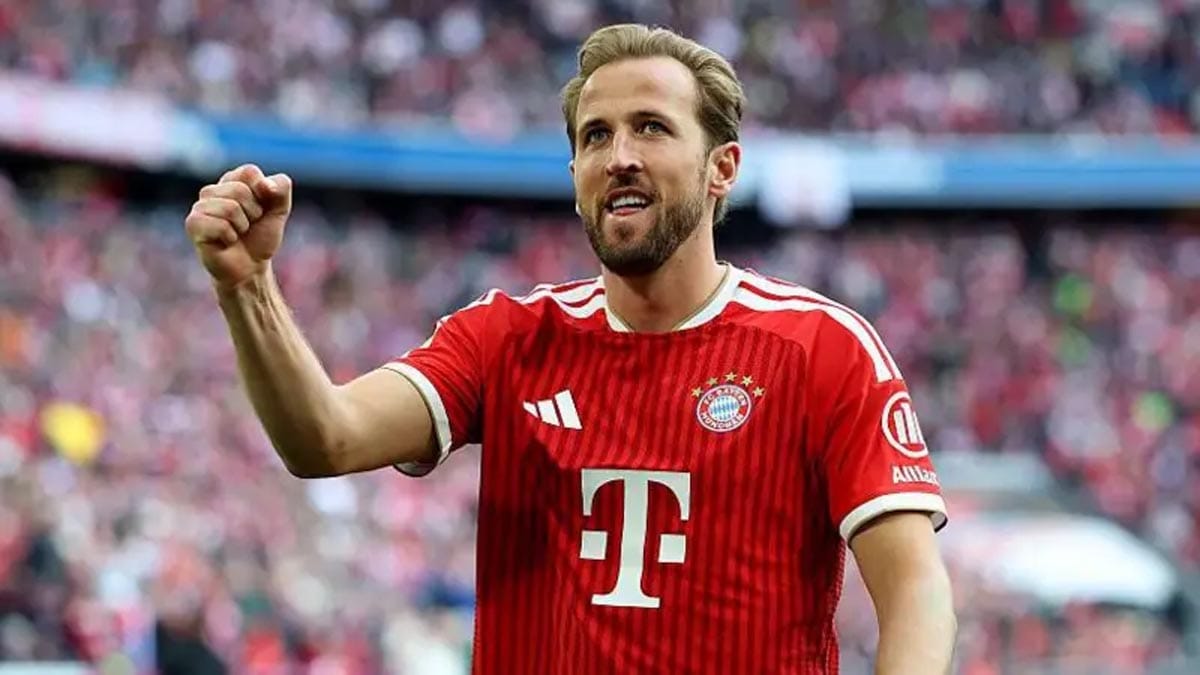 Harry Kane celebrating his hat-trick for Bayern Munich.