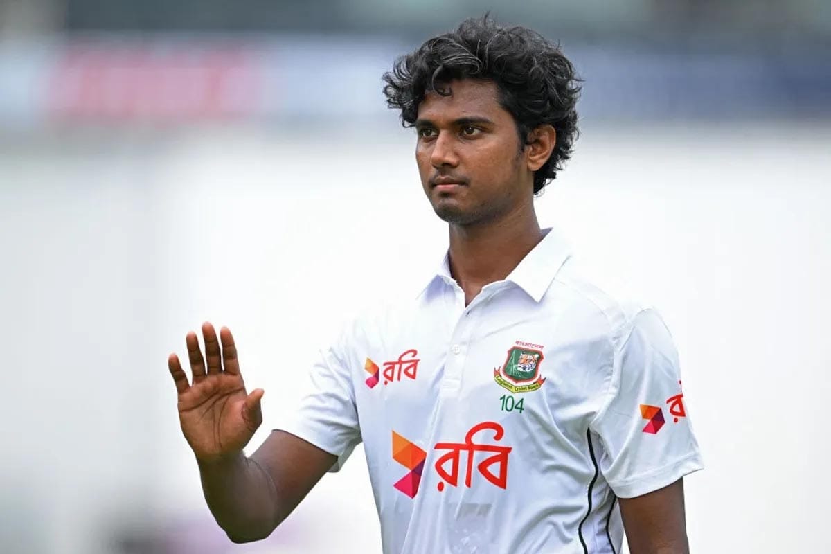 Bangladesh pacer Hasan Mahmud celebrating a wicket in international cricket.