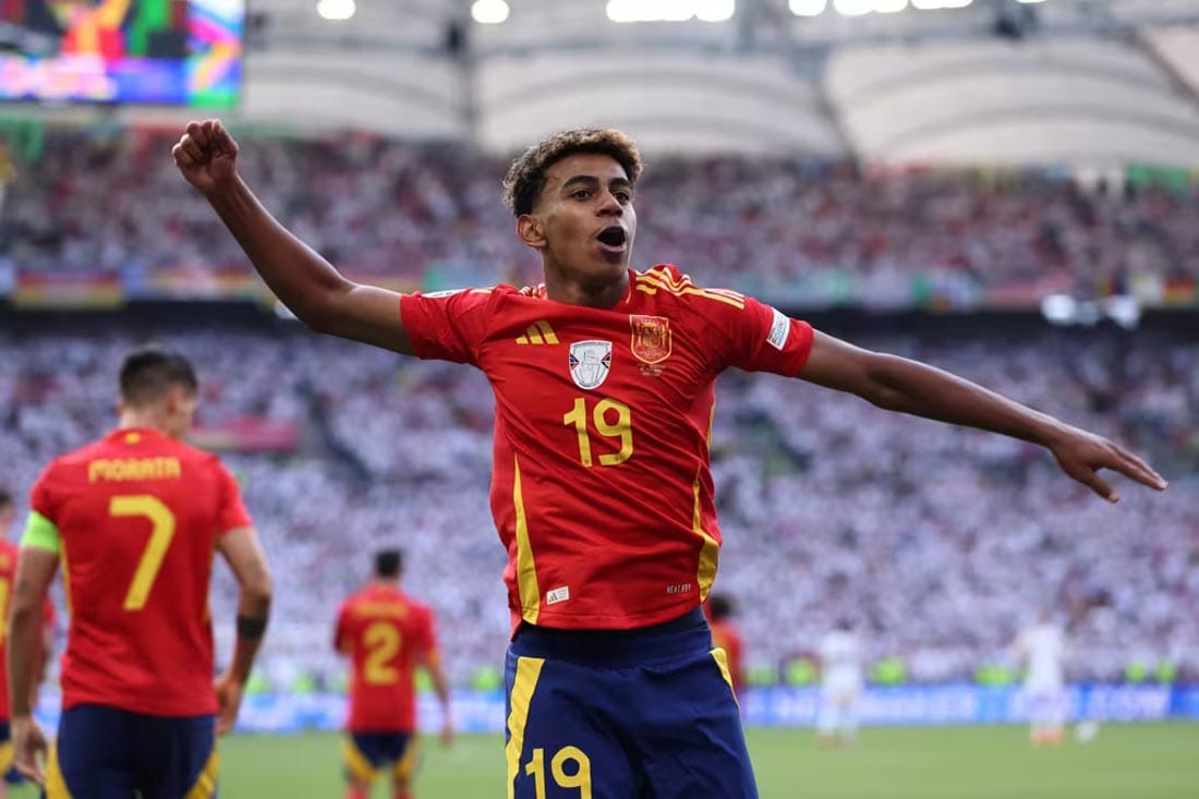 Lamine Yamal celebrating a goal for Spain national team.