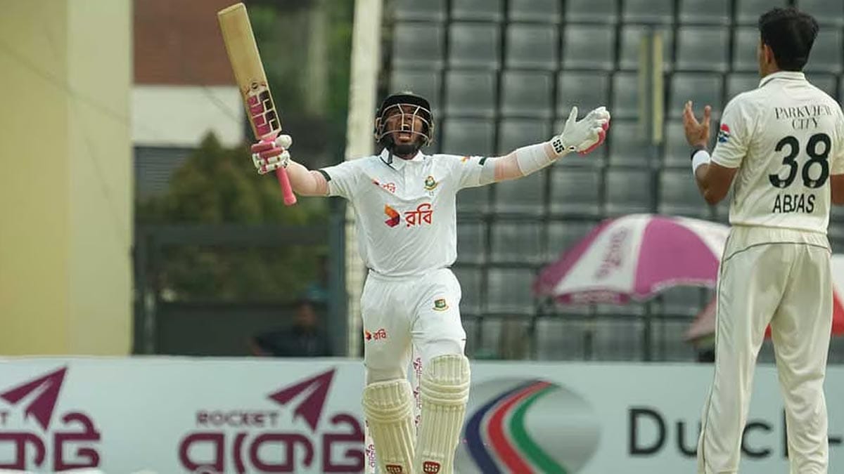 Mushfiqur Rahim raising his bat after scoring century against Pakistan in Sylhet.