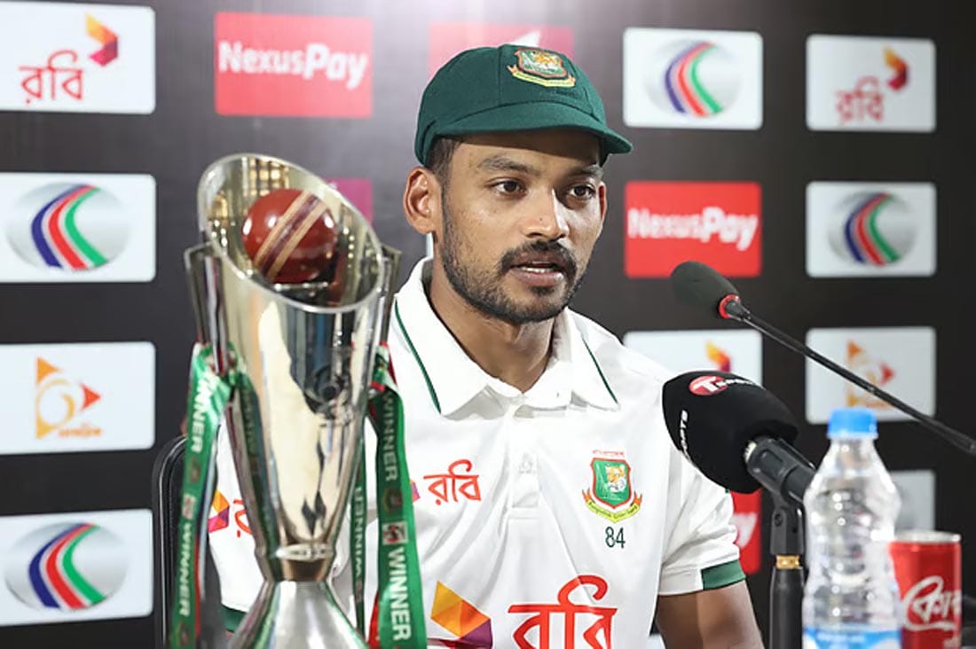 Bangladesh test captain Najmul Hossain Shanto speaking at the post-match press conference.