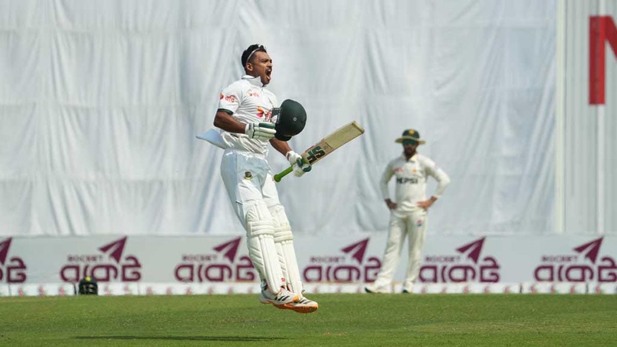 পাকিস্তানের বিপক্ষে সেঞ্চুরি করে নাজমুল হোসেন শান্তর উচ্ছ্বাস।