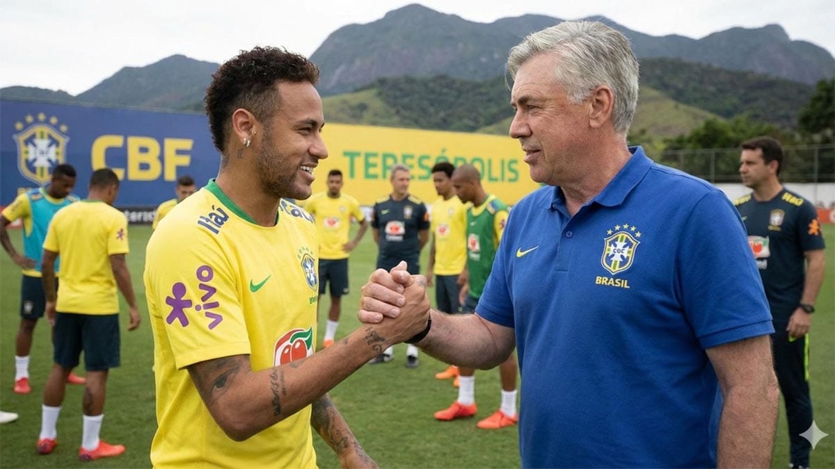 Brazil forward Neymar smiling in the yellow jersey during meeting with Ancelotti.