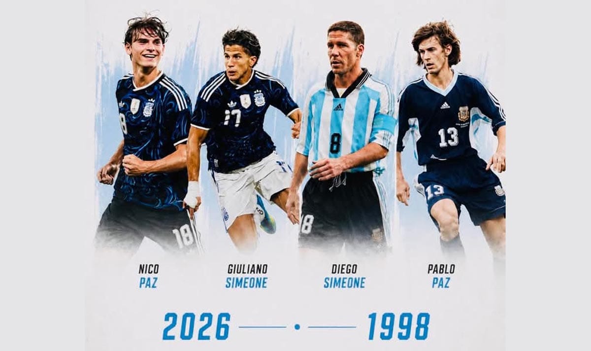 Argentina youngsters Nico Paz and Giuliano Simeone and Former Argentina players Pablo Paz and Diego Simeone.