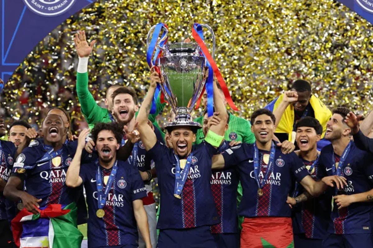 Paris Saint-Germain players celebrating their historic back-to-back Champions League title.