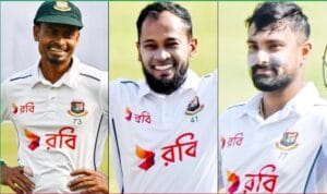 বাংলাদেশের স্পিনার তাইজুল ইসলাম, ব্যাটার মুশফিকুর রহিম ও লিটন দাস।