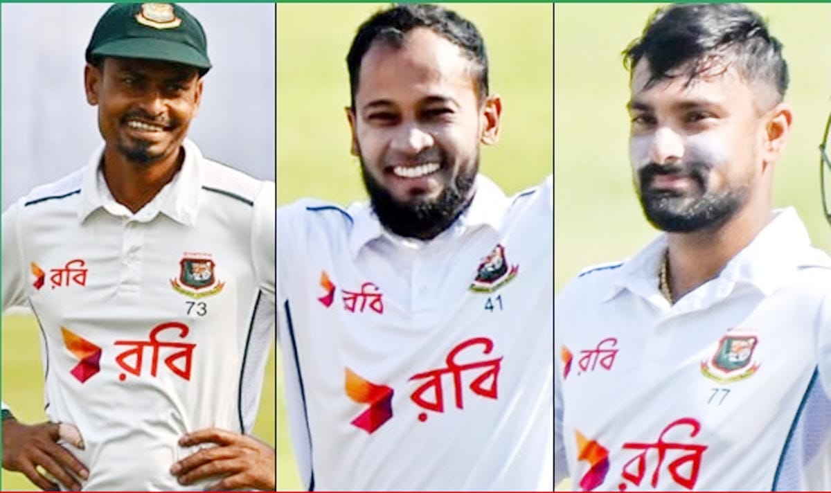 বাংলাদেশের স্পিনার তাইজুল ইসলাম, ব্যাটার মুশফিকুর রহিম ও লিটন দাস।