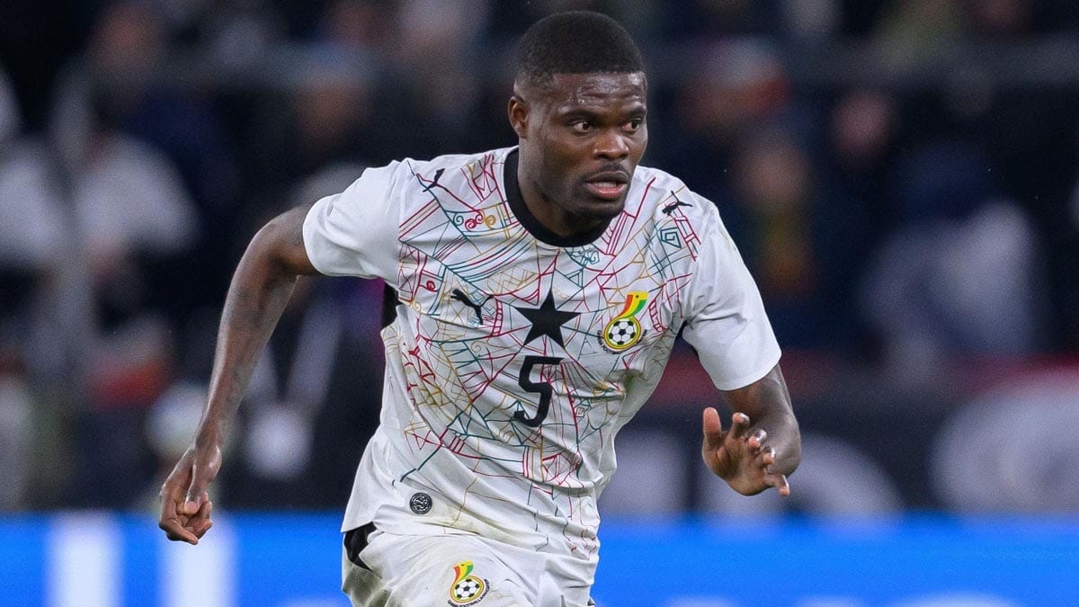 Ghana midfielder Thomas Partey in the field during a match.