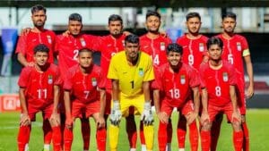 Bangladesh U-23 football team posing for a group photo.