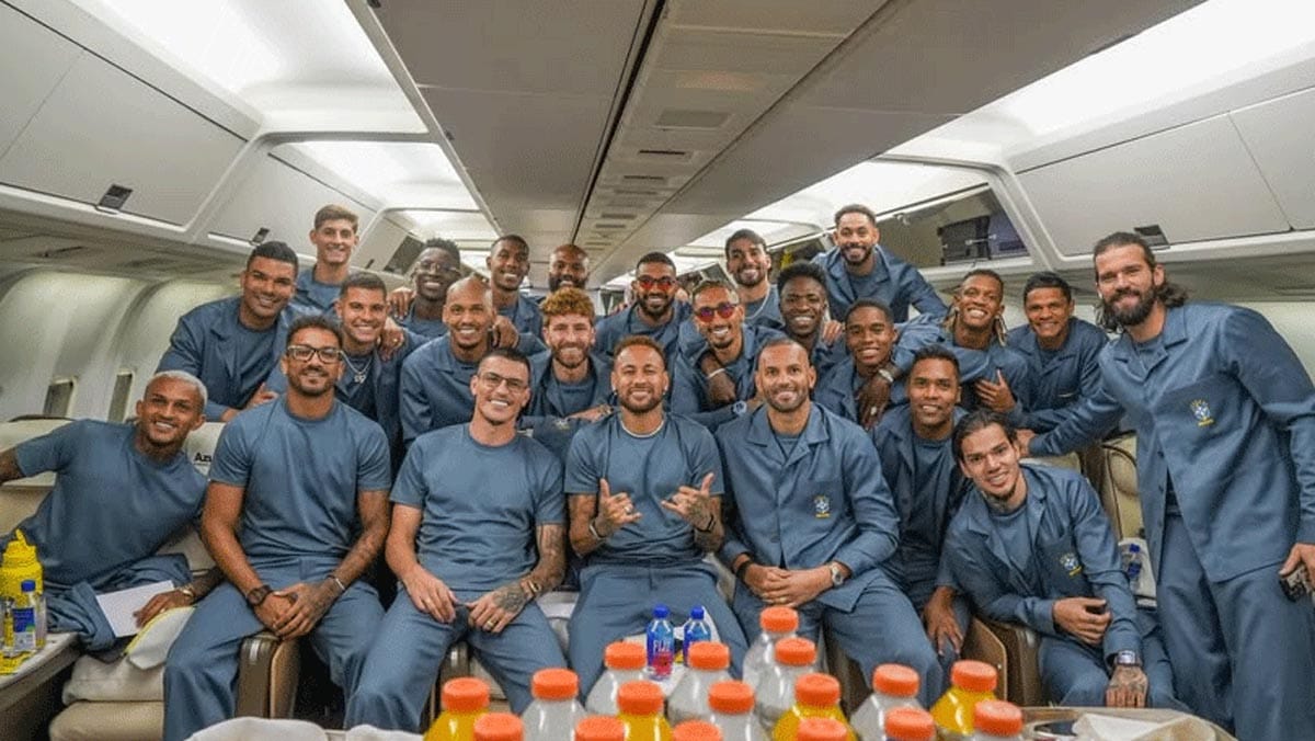 Brazil football team players boarding the flight to New Jersey for World Cup 2026.