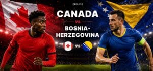 A photo collage of canada vs bosnia and herzegovina match in fifa world cup 2026