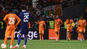 Ivory Coast players celebrate after scoring a goal against France in a pre-World Cup friendly.