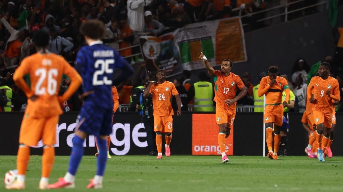 Ivory Coast players celebrate after scoring a goal against France in a pre-World Cup friendly.