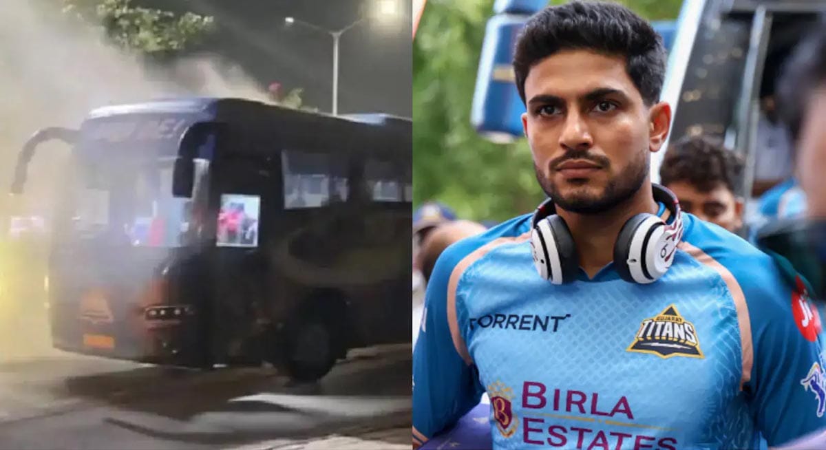 Gujarat Titans team bus stranded on the roadside after a short circuit incident in Ahmedabad.