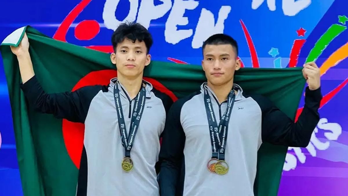 Bangladesh youth gymnasts celebrate winning gold medals in Singapore Open Gymnastics.