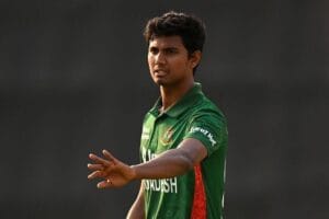 Bangladesh fast bowler Hasan Mahmud bowling in a a ODI match with the white ball.
