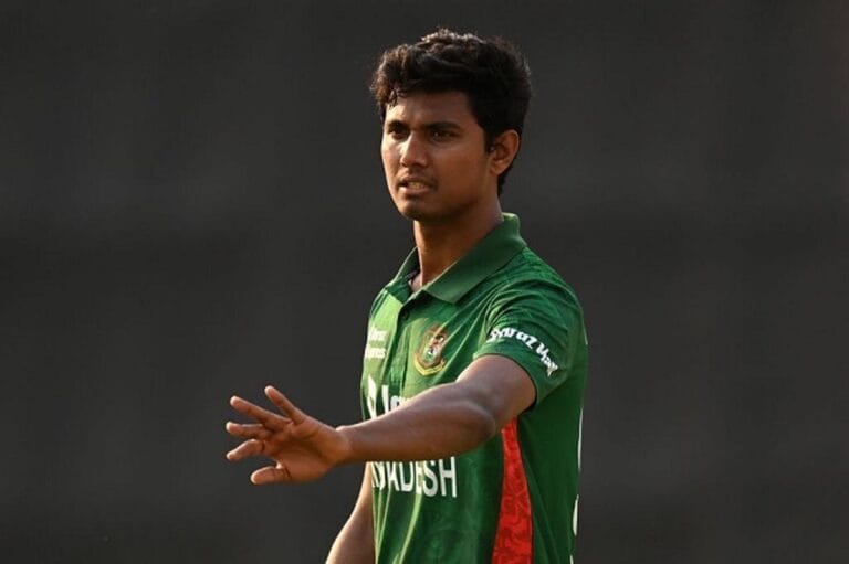 Bangladesh fast bowler Hasan Mahmud bowling in a a ODI match with the white ball.