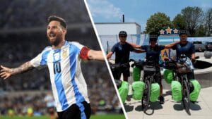 Lionel Messi fans Vicente Conculini, Yamandu Martinez, and Miguel Sillo celebrating with their bicycles in Kansas City.
