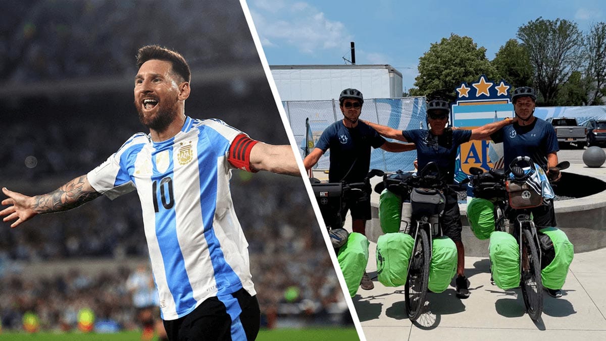 Lionel Messi fans Vicente Conculini, Yamandu Martinez, and Miguel Sillo celebrating with their bicycles in Kansas City.
