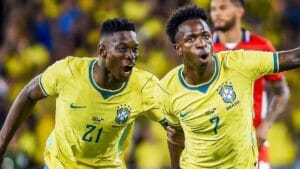 Vinicius Junior celebrating his early goal against Panama at Maracanã.